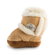 Tan dog toy bootie with white fur trim on a white background