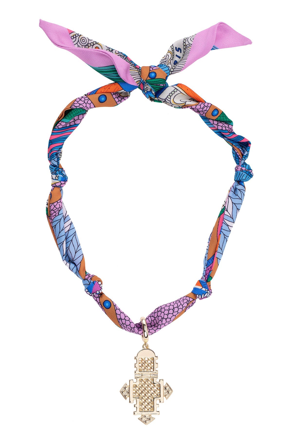 Colorful headband with a gold cross pendant on a white background