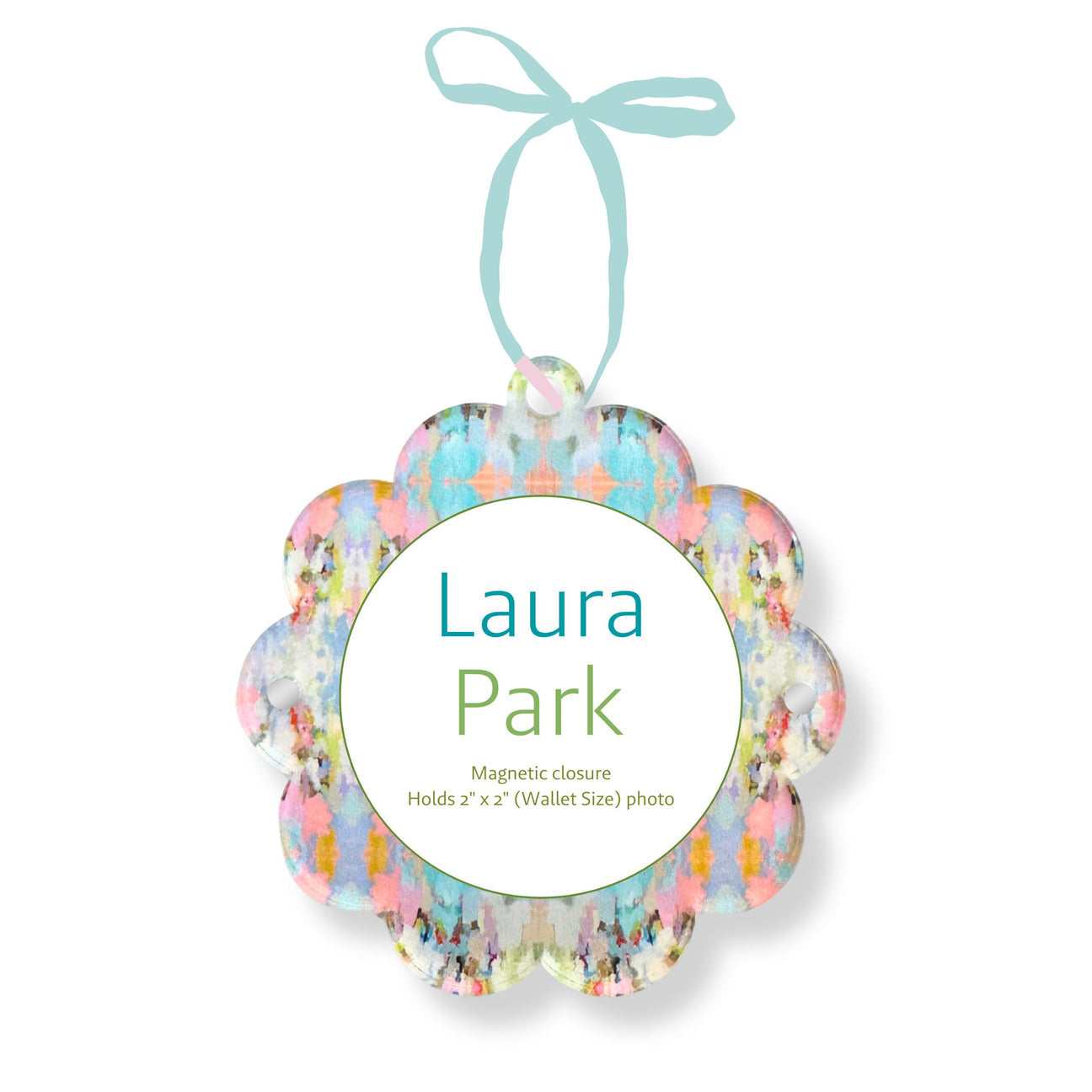 Decorative photo ornament with colorful pattern and 'Laura Park' branding on a white background