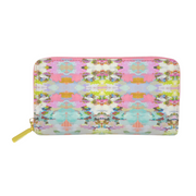 Multicolored patterned wallet with a yellow zipper on a white background