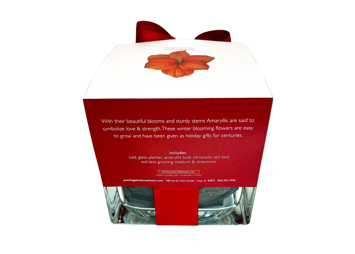 Clear glass container with a red label featuring text and a flower illustration on a white background