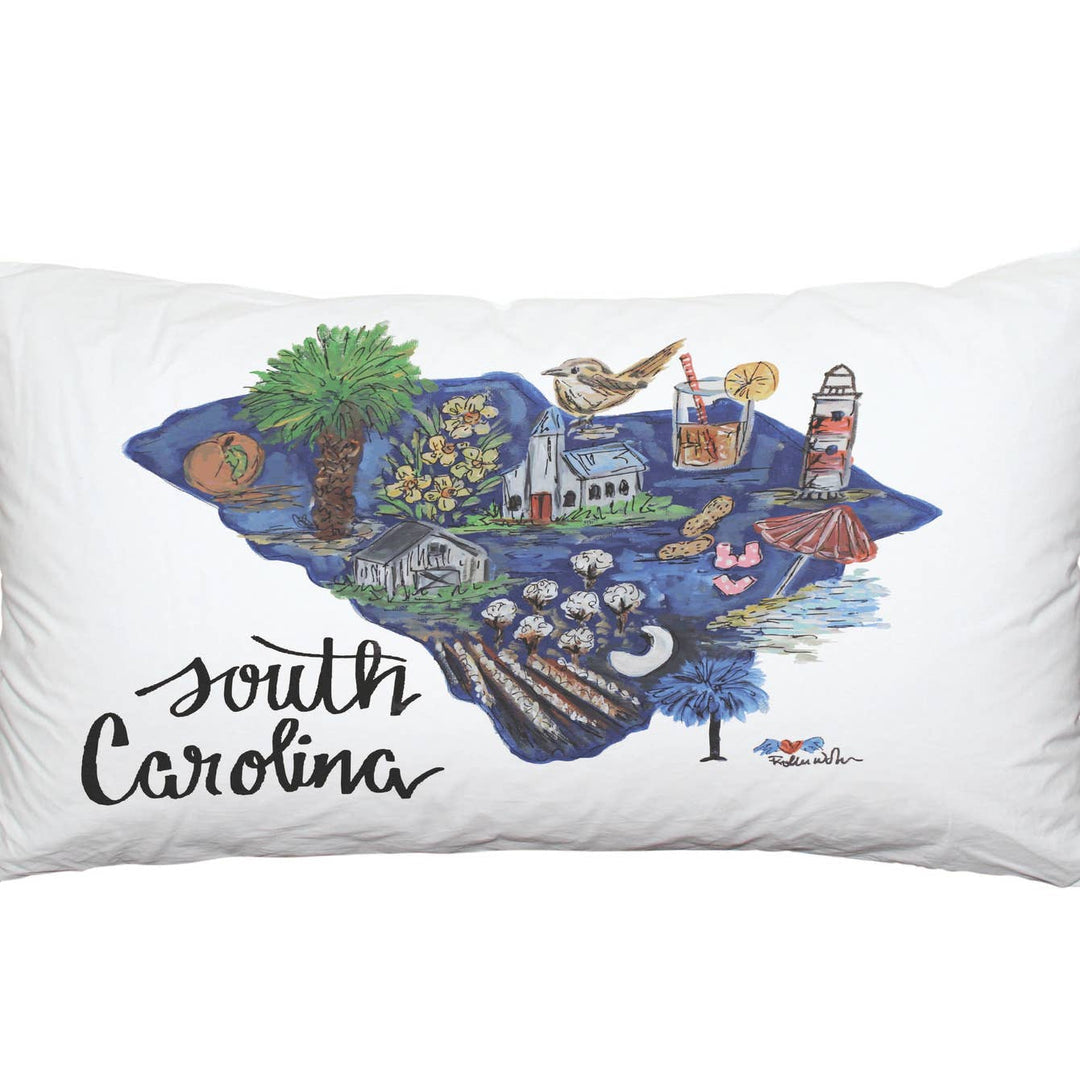 Pillowcase with a map of South Carolina featuring various icons on a white background