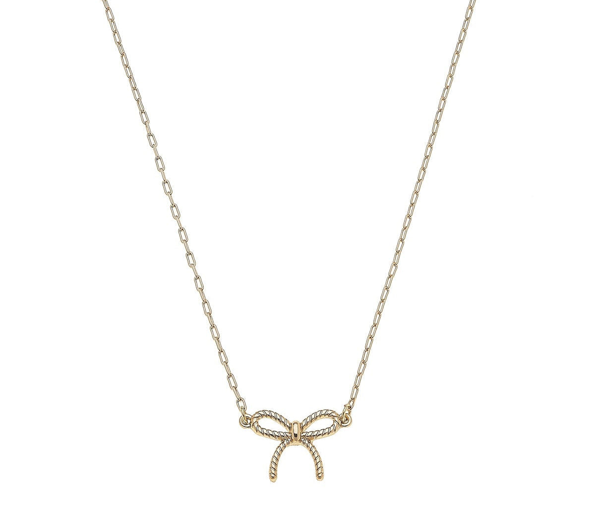 Gold necklace with a bow pendant on a white background