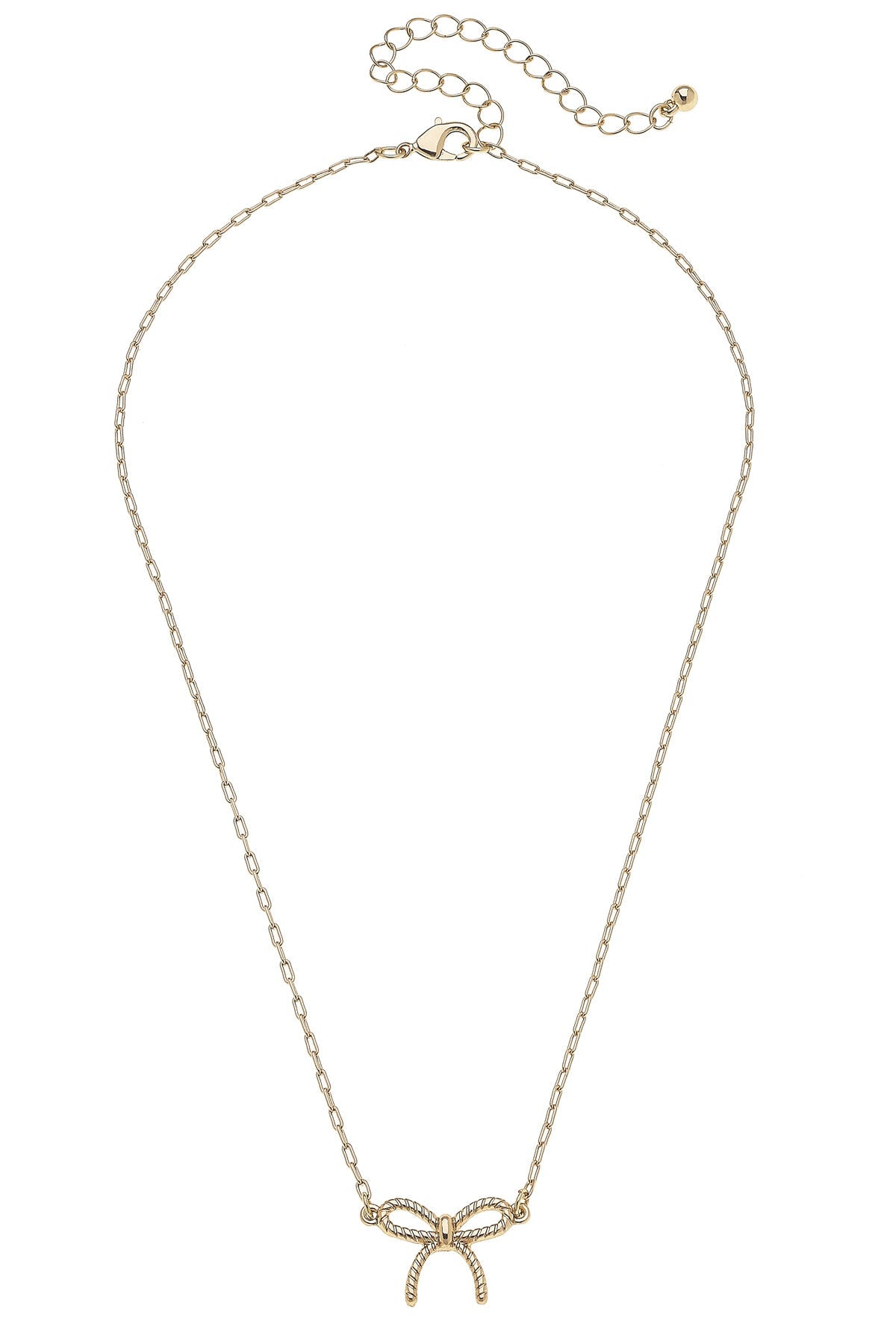 Gold necklace with a bow pendant on a white background