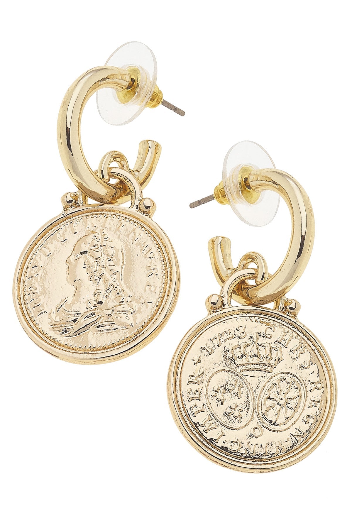 Gold coin earrings on a white background