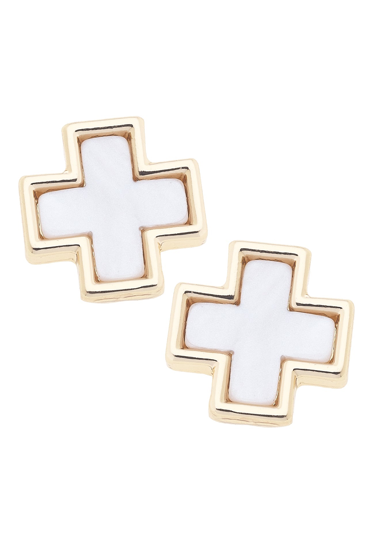 Pair of cross-shaped earrings with gold and white design on a white background
