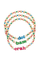 Colorful beaded necklace with word beads on a white background