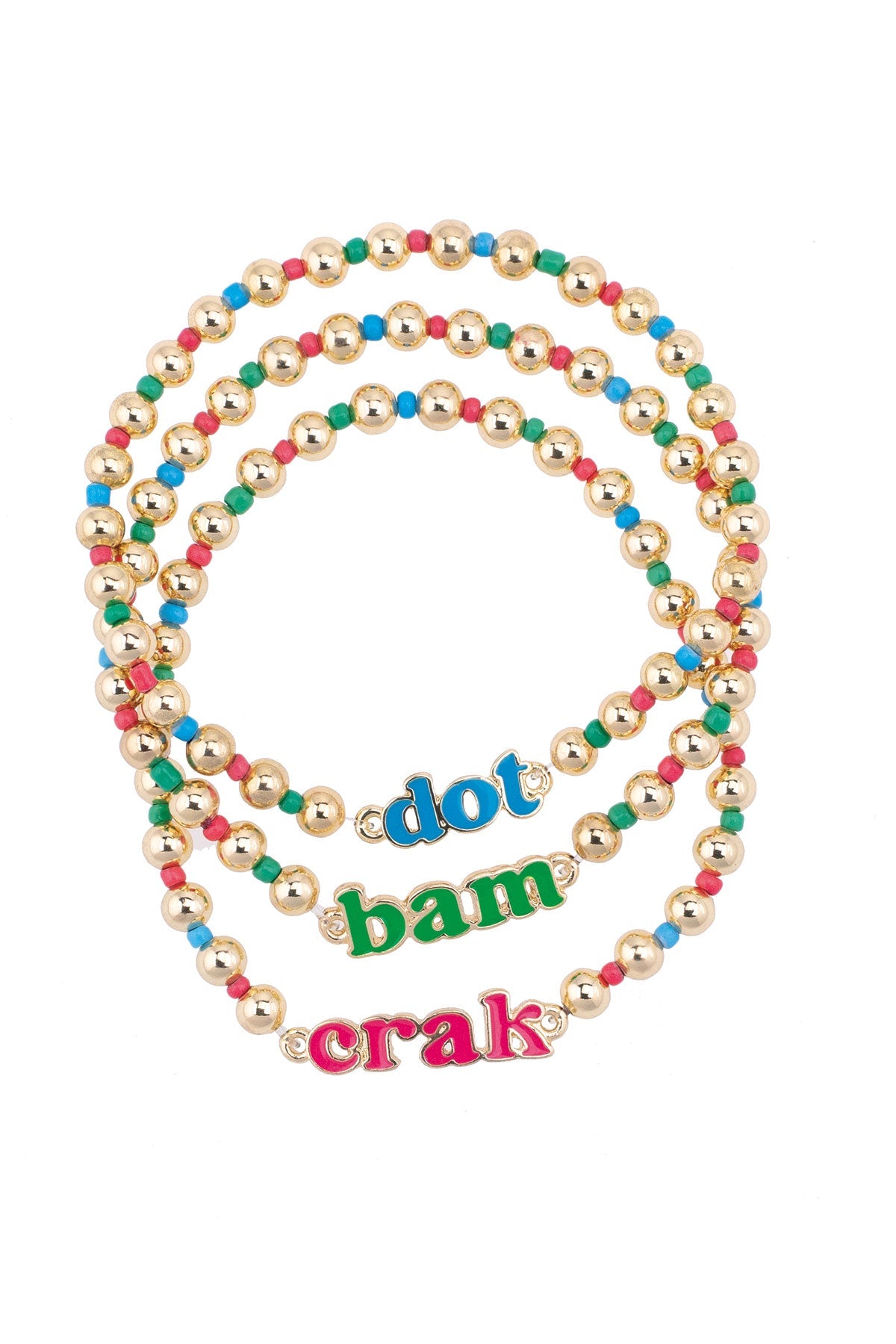 Colorful beaded necklace with word beads on a white background