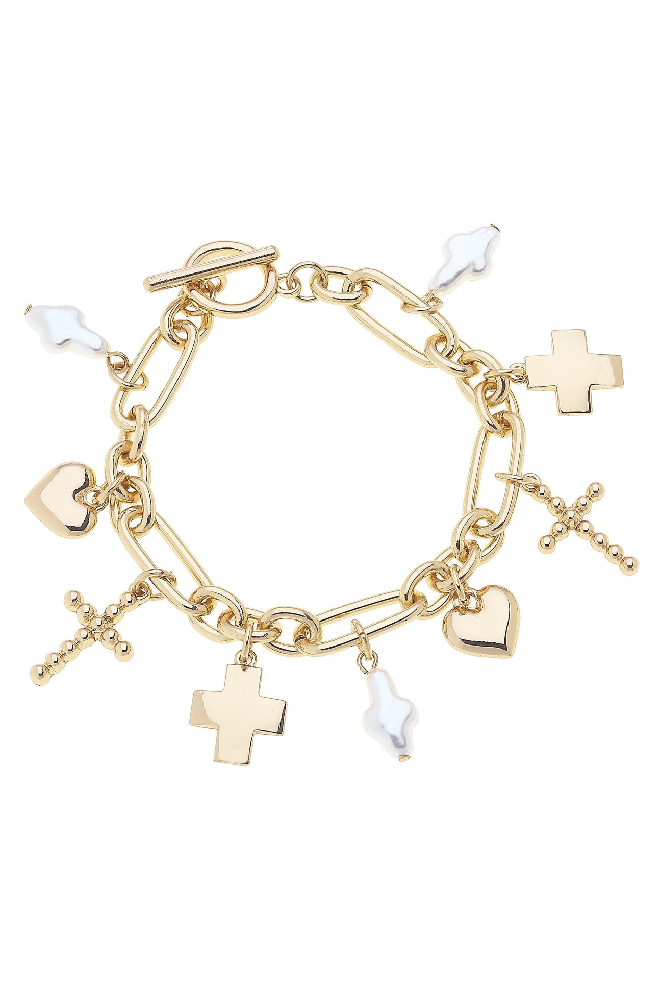 Gold charm bracelet with various charms on a white background