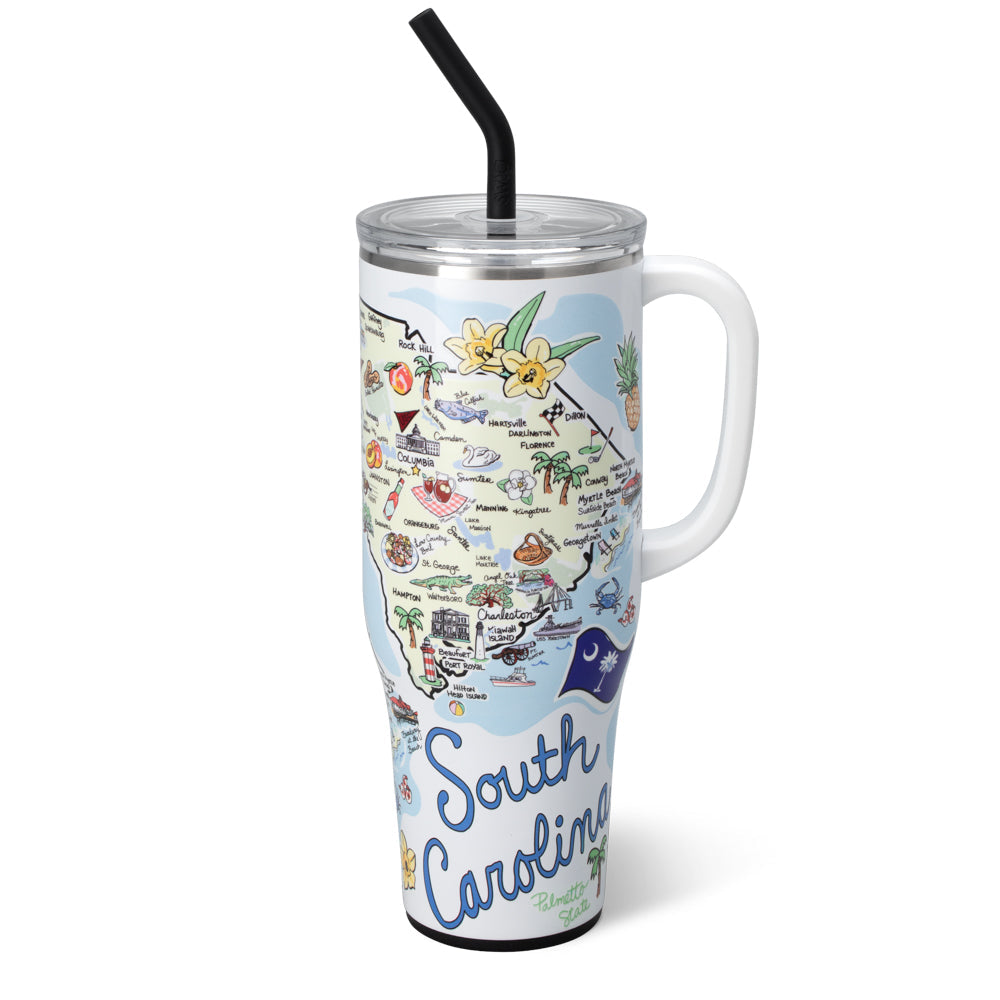 Tumbler with a map of South Carolina design on a white background
