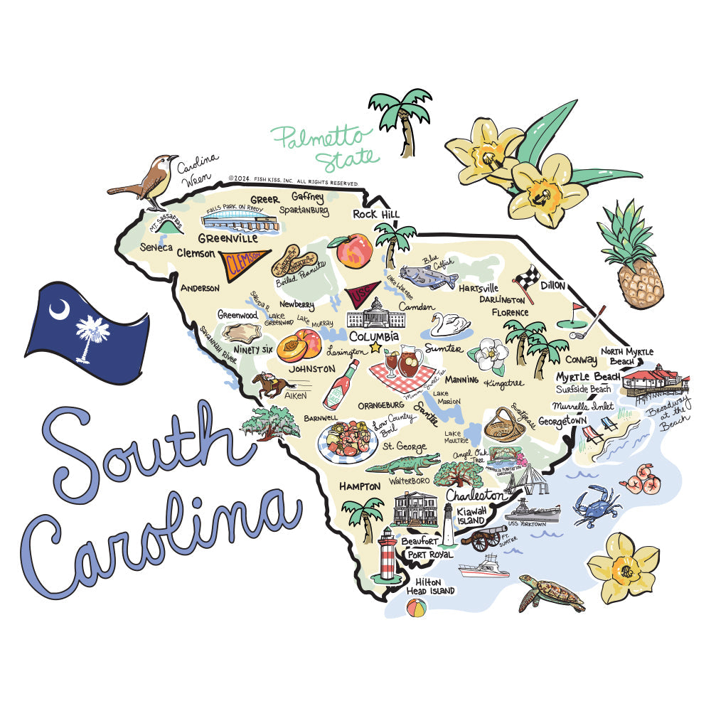 Map of South Carolina with various icons and symbols on a white background