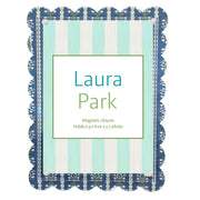 Laura Park photo frame with blue and white striped design on a white background
