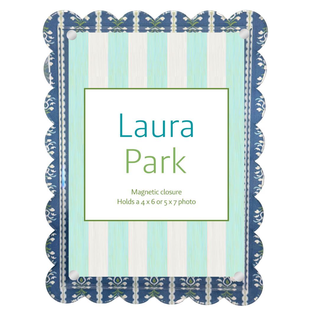 Laura Park photo frame with blue and white striped design on a white background