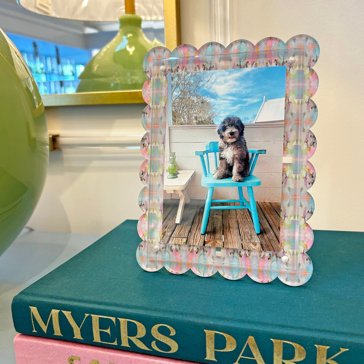 Decorative bubble frame with a dog on a chair, placed on top of books.