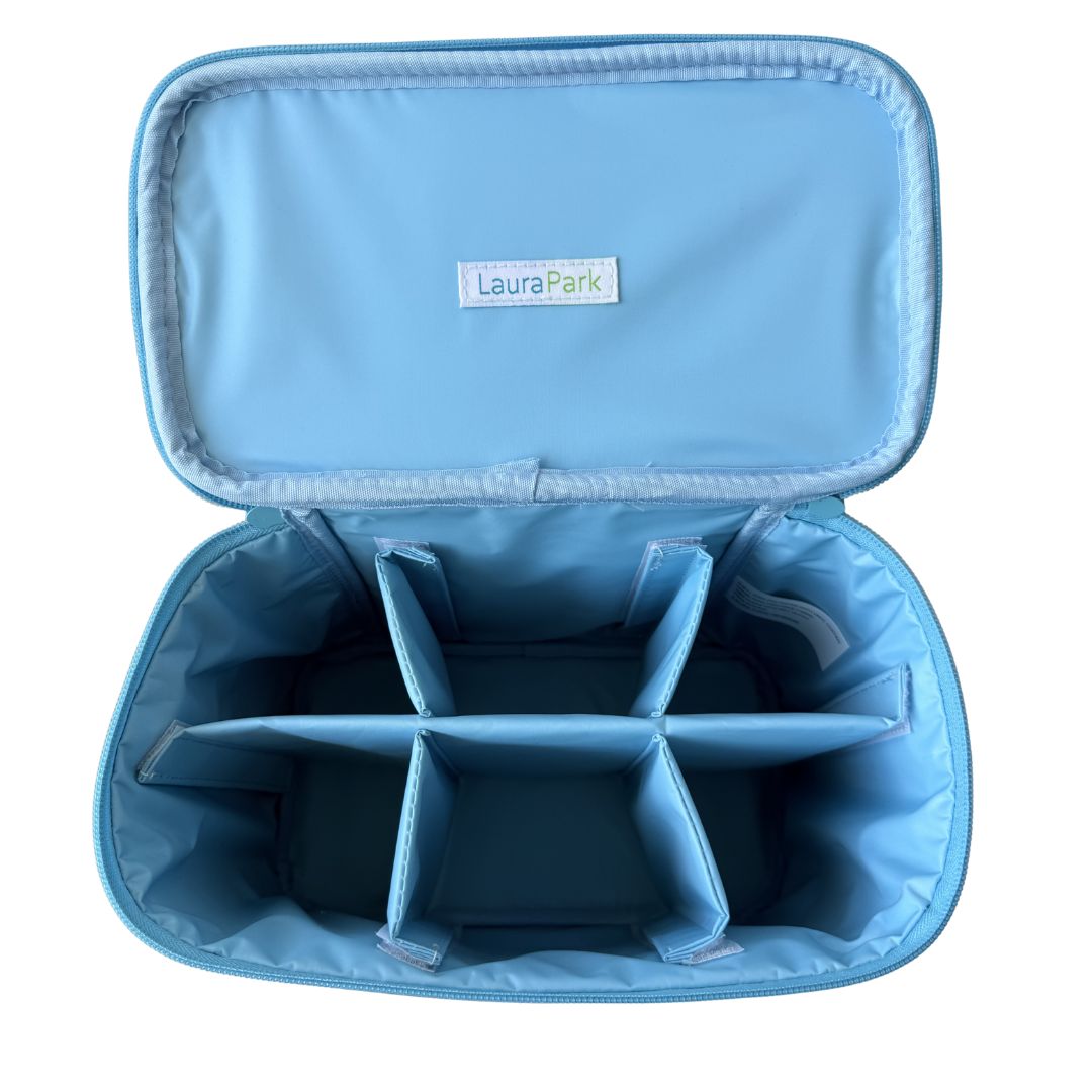 Blue cosmetic bag with compartments and 'Laura Park' branding on a white background