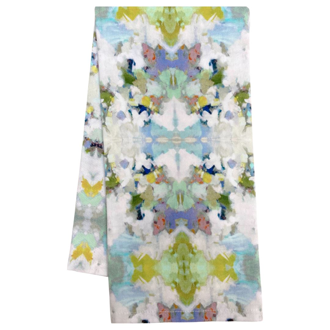 Lady Bird Tea Towel Colorful patterned fabric with a white background