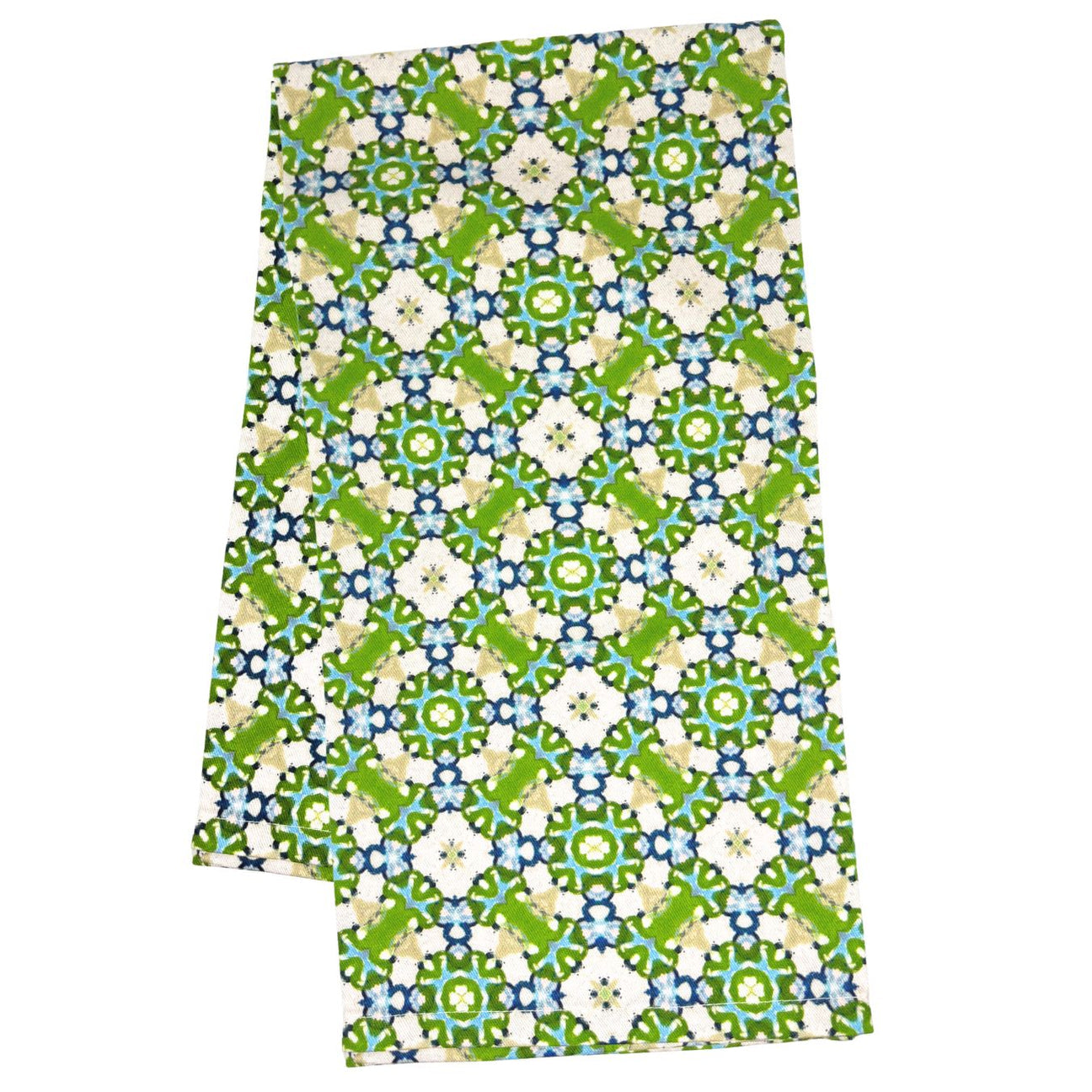 Serendipity Tea Towel Folded with a colorful geometric pattern on a white background