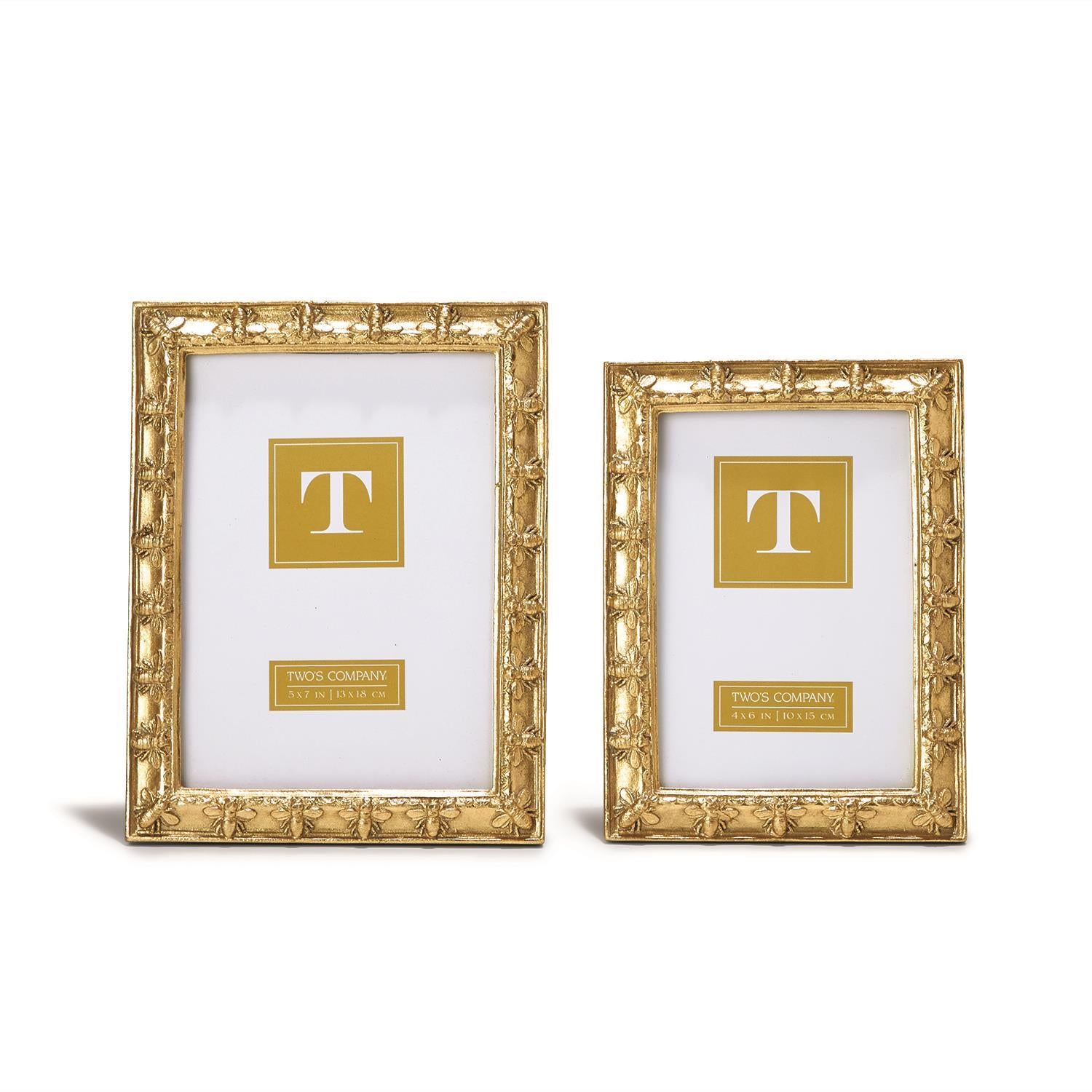 Two gold picture frames with a white center displaying a logo and text on a white background.