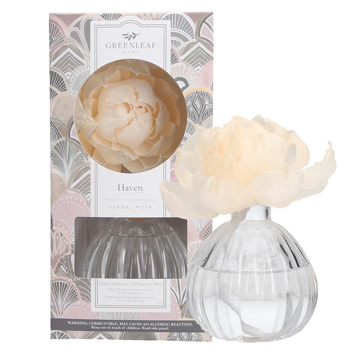 Decorative diffuser with floral design packaging featuring the brand 'Greenleaf'.