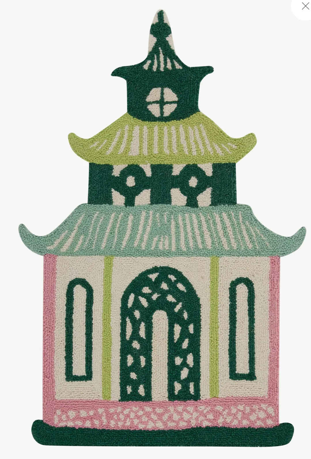 Decorative rug with a pagoda design on a white background