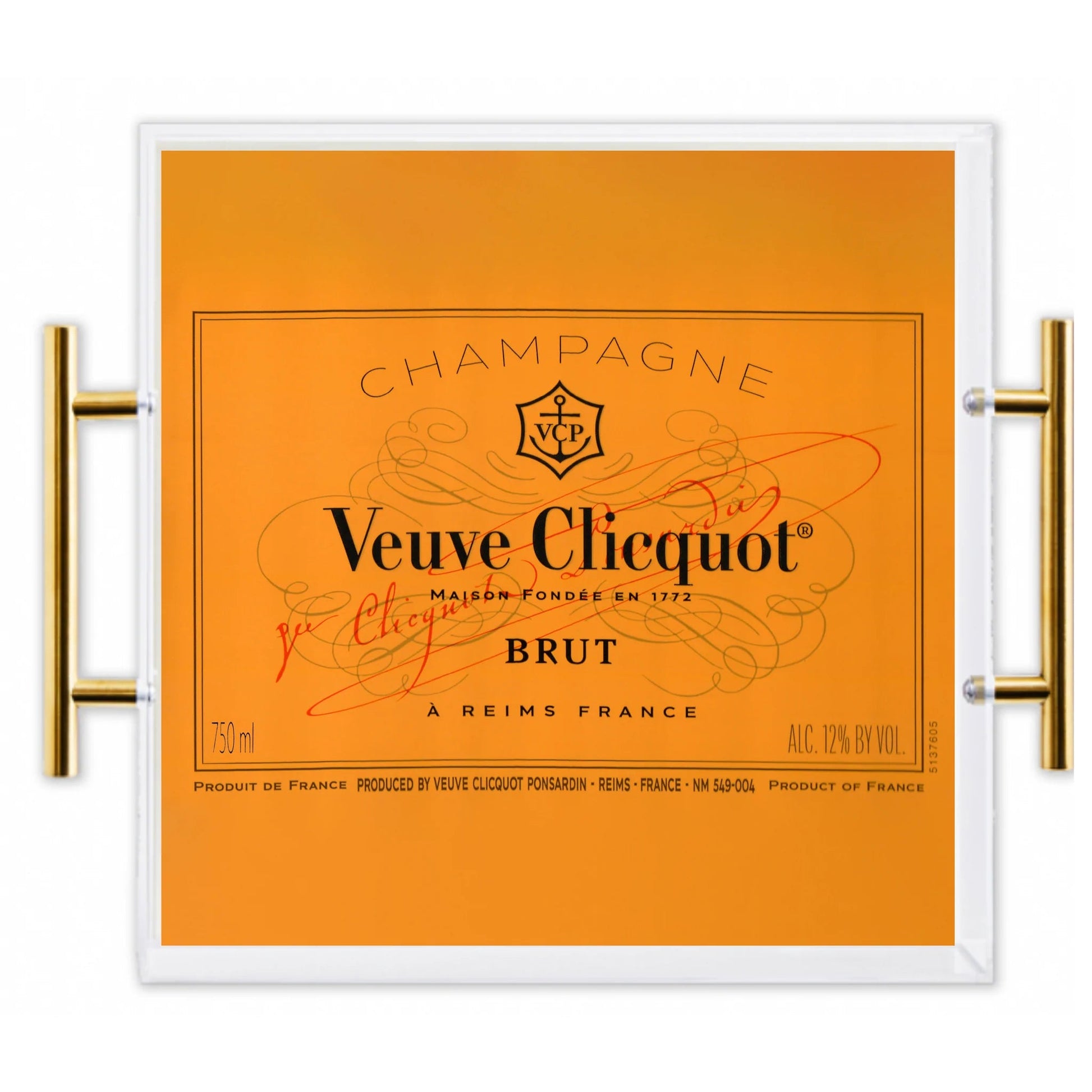 Tray - Acrylic - Pop The Bubbly - Large- this is a picture of the orange tray with handles that reads “Champagne Veuve Clicquot Brut”