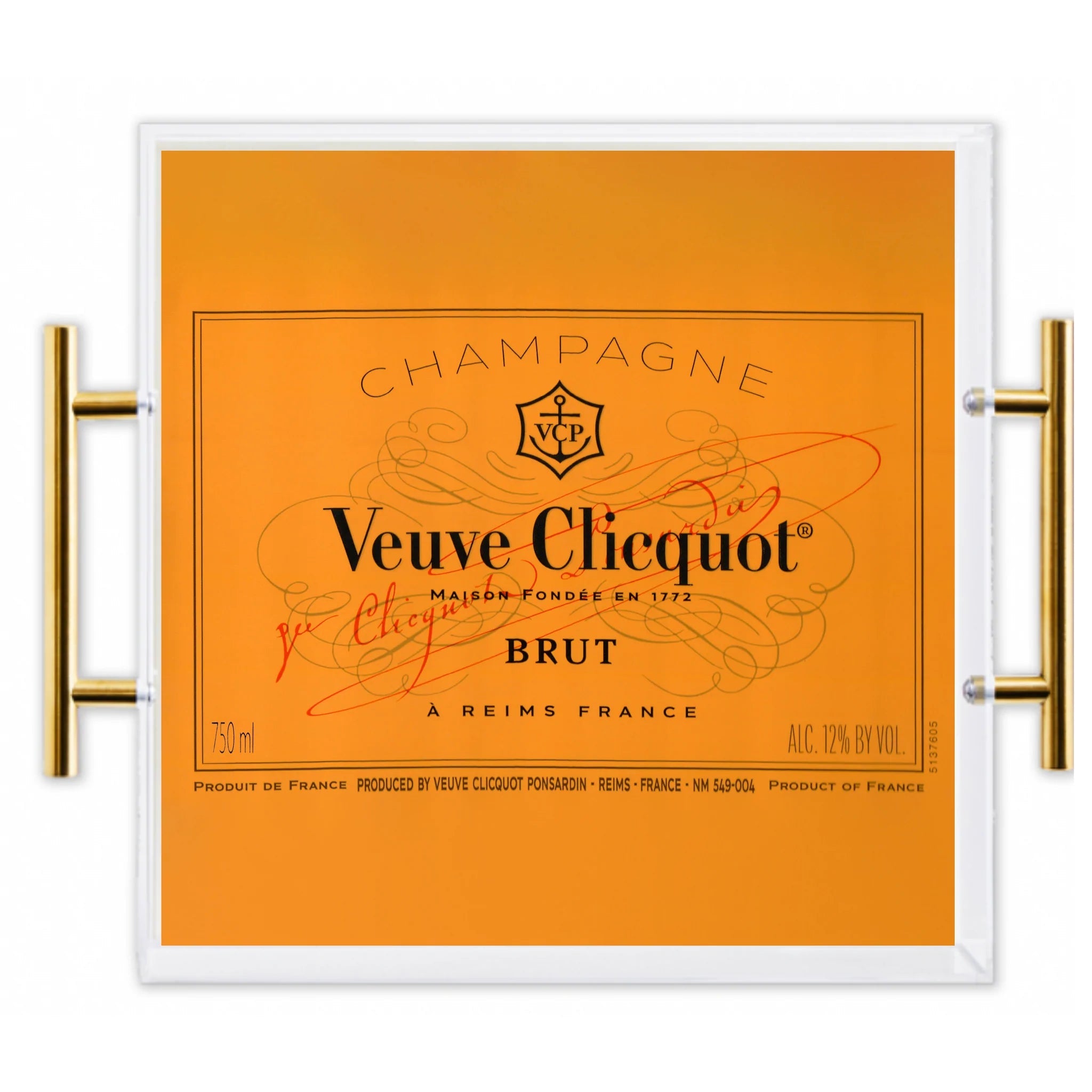 Tray - Acrylic - Pop The Bubbly - Large- this is a picture of the orange tray with handles that reads “Champagne Veuve Clicquot Brut”