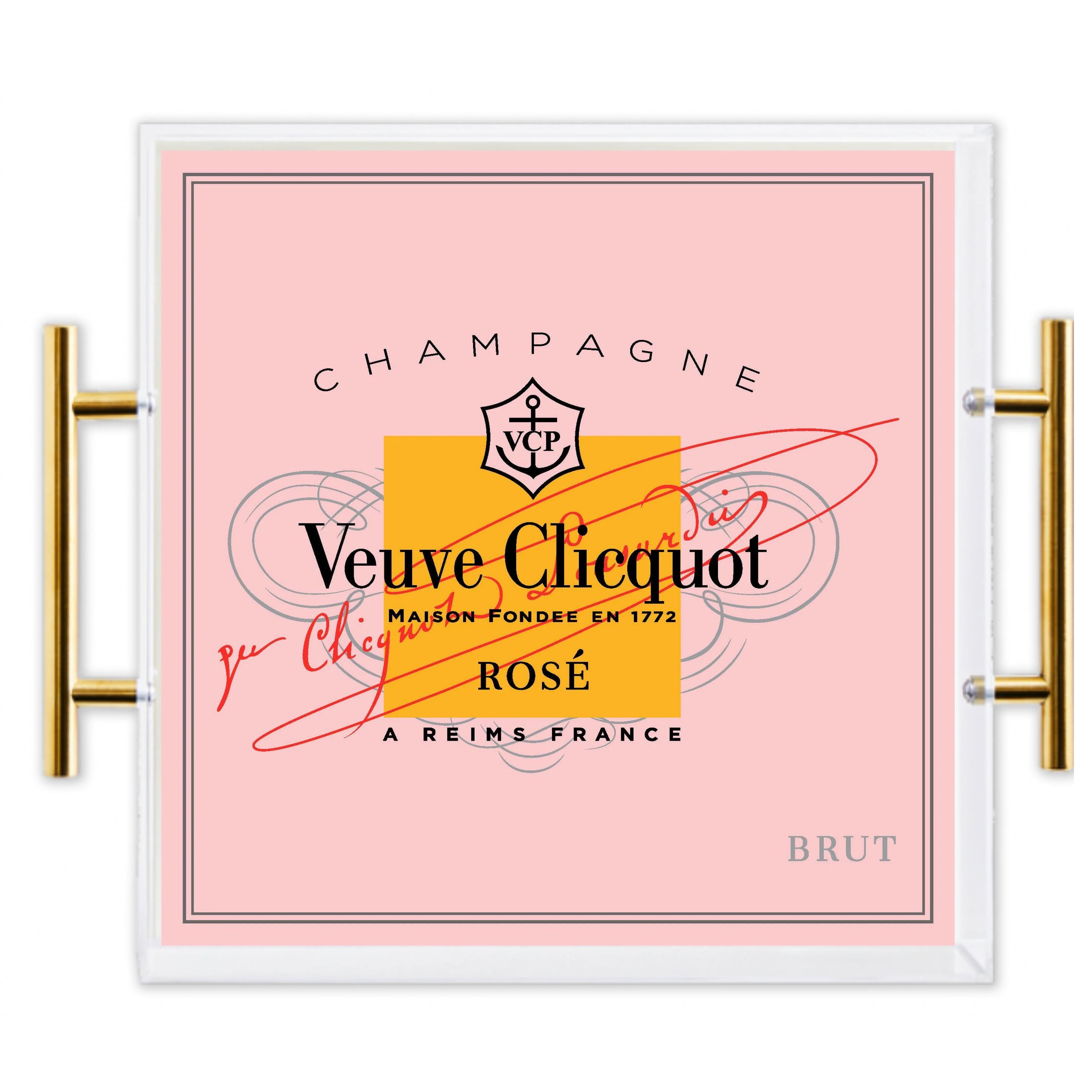 Tray - Acrylic - Rose All Day - Large- picture is of a light pink and orange tray with handles that reads “Champagne Veuve Clicquot Brut” on a white background