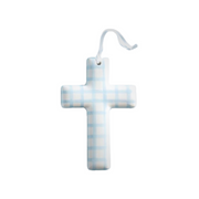 Cross-shaped hanging ornament with blue and white checkered pattern on a white background