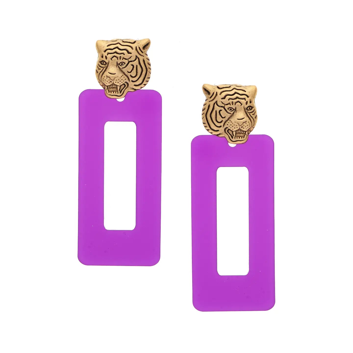 Gameday - Earrings - Gold Tiger - Purple Rectangle Dangle Drop