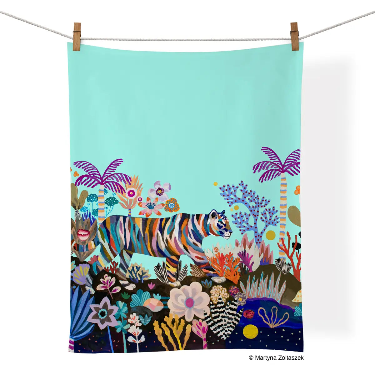 Household - Tea Towel - Tiger Stripes - Teal- aqua tea towel with striped tiger with flowers and towel is hanging on a clothes line