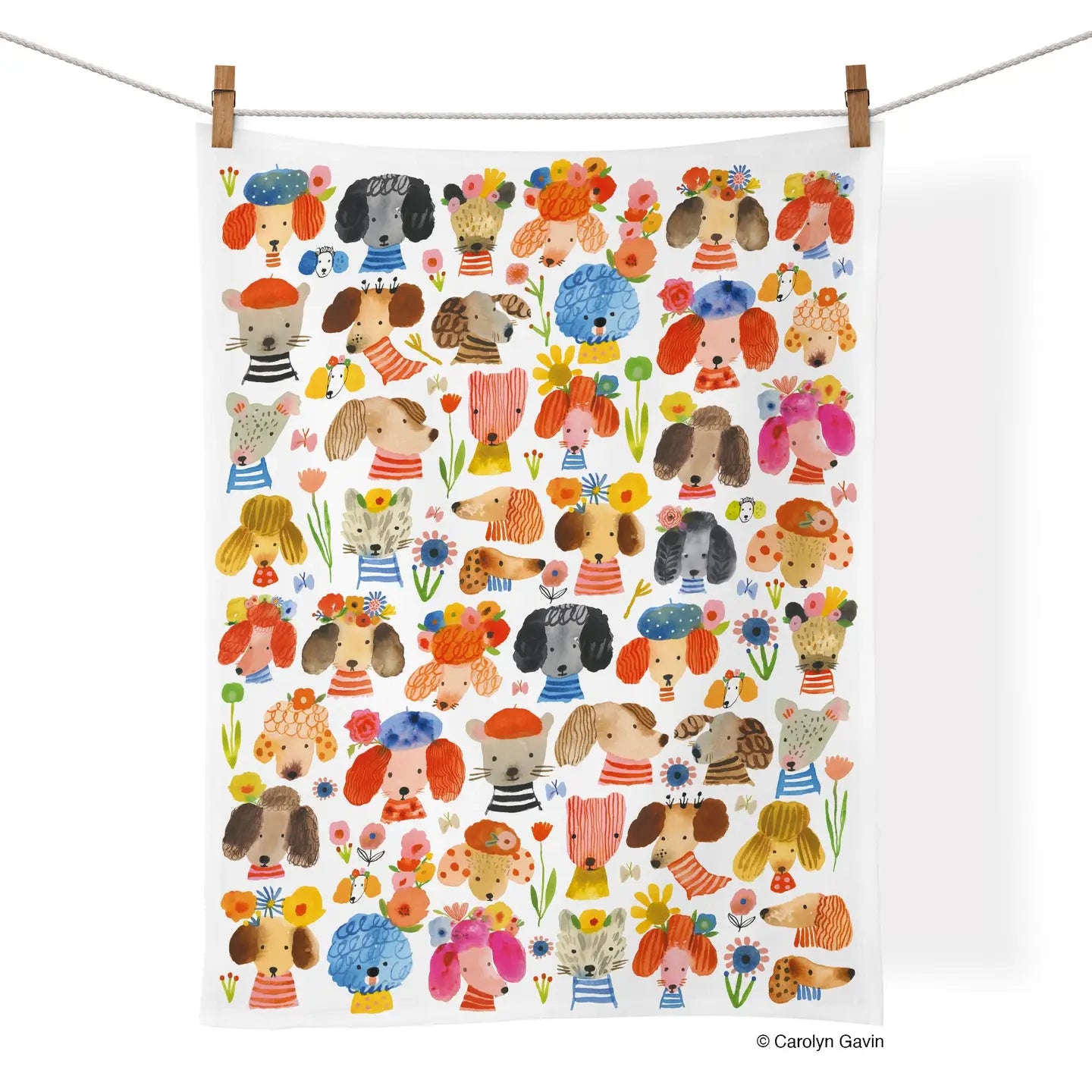 Tea Towel - Dog Eared- picture is of a white tea towel with lots of various dogs with big ears and the tea towel is on a clothes line 
