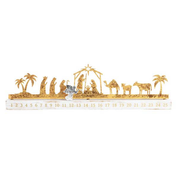Gold nativity scene Advent calendar with clear star on a white background