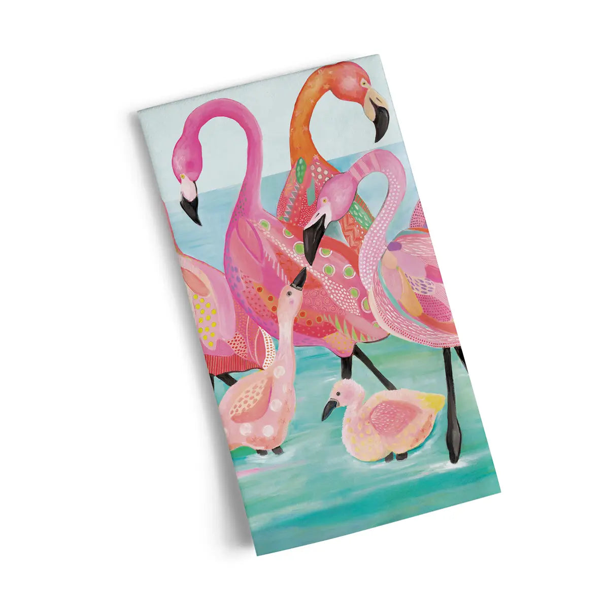 Tea Towel - Flamingo Beach- picture is a close up of the design which is of the flamingos in the water at the beach with a white background 