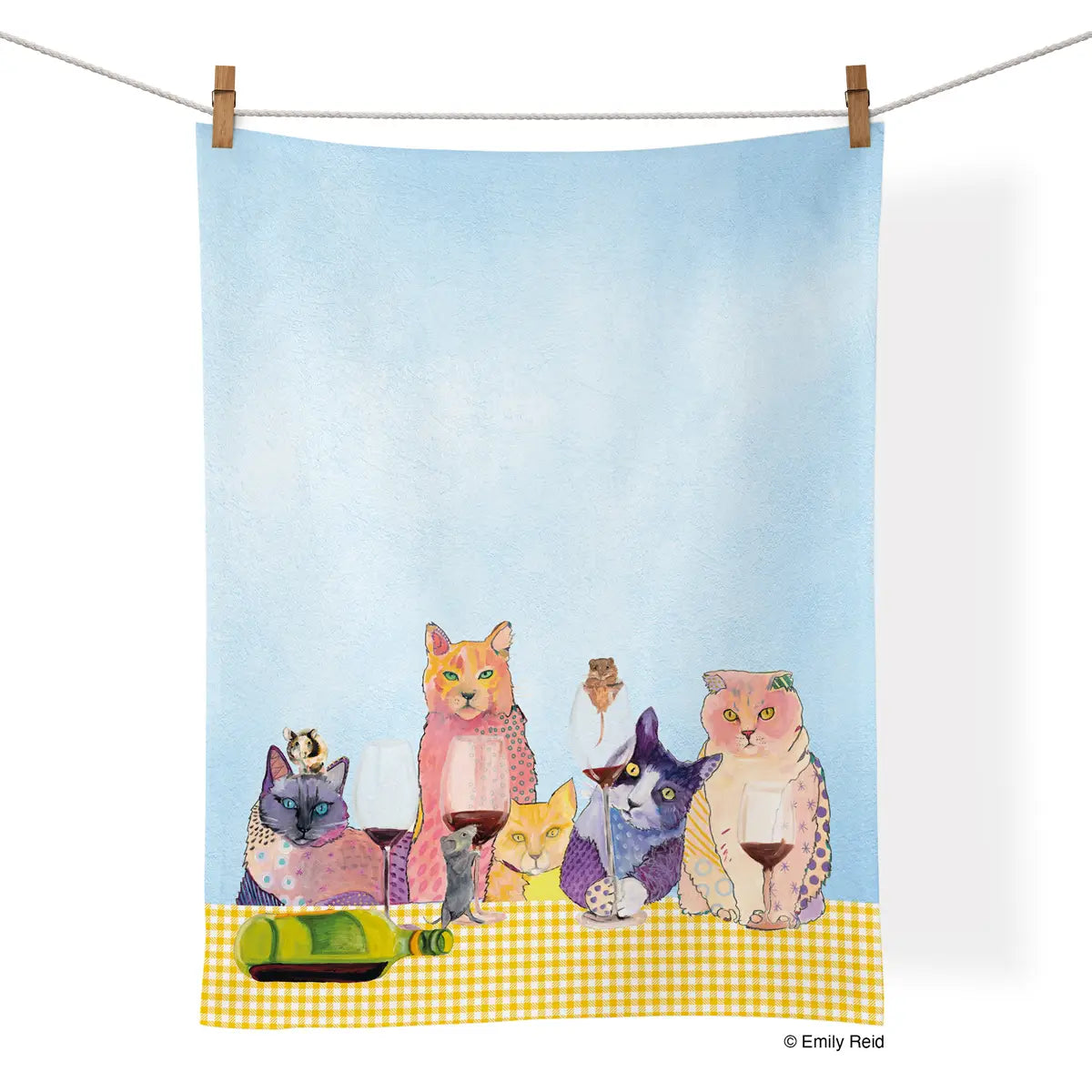 Tea Towel - Wine Tasting- his picture is of a blue tea towel with cats drinking wine and the tea towel is on a clothes line 