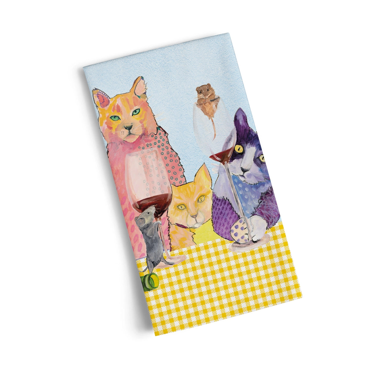 Tea Towel - Wine Tasting- this is a close up of the tea towel that shows two cats and two mouse drinking red wine on a white background 