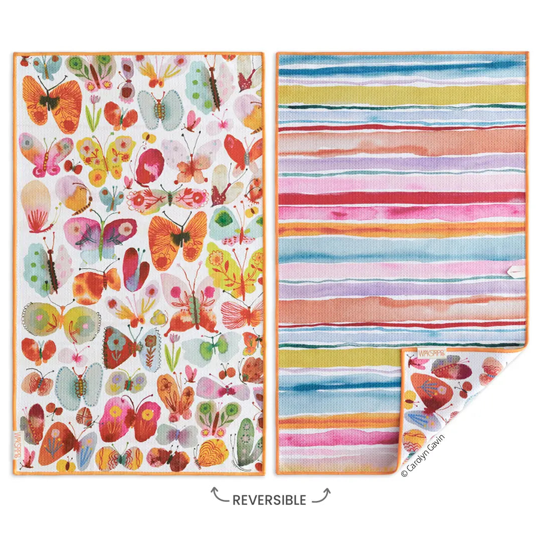 Dish Towel - Microfiber - Kitchen Dish - Butterflies - reversible with stripes on the back 