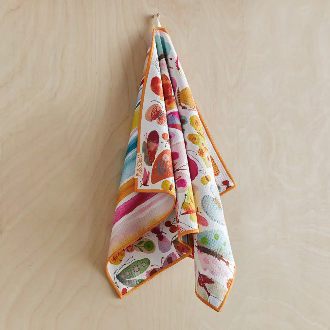Dish Towel - Microfiber - Kitchen Dish - Butterflies - hanging on a hook with a wooden wall background 