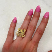 Gameday - Ring - Gold Tiger Head worn here on a woman’s finger 