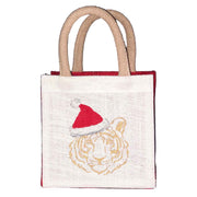 Small tote bag with a tiger wearing a Santa hat design on a gray background