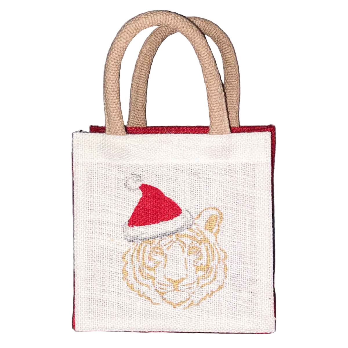 Small tote bag with a tiger wearing a Santa hat design on a gray background
