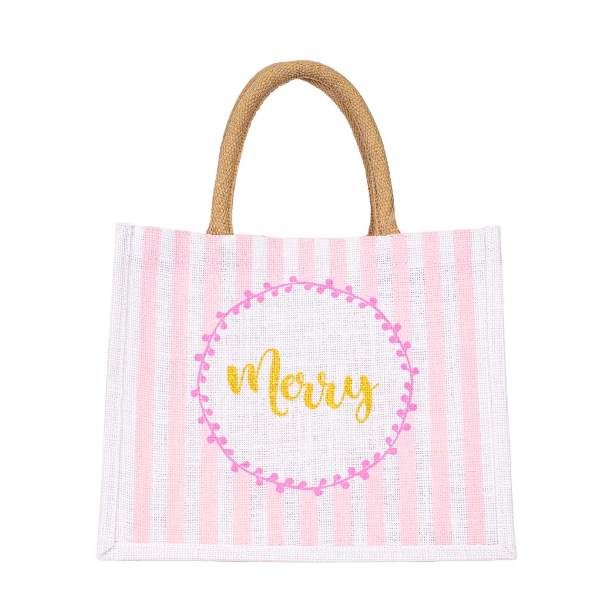 Tote bag with pink and white stripes and 'Merry' text on a white background