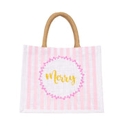 Tote bag with pink and white stripes and 'Merry' text on a white background