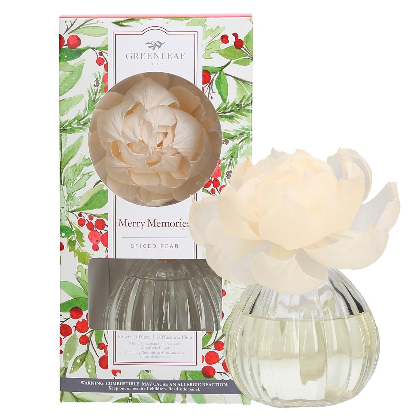 Decorative diffuser with floral design and packaging featuring greenery and berries.
