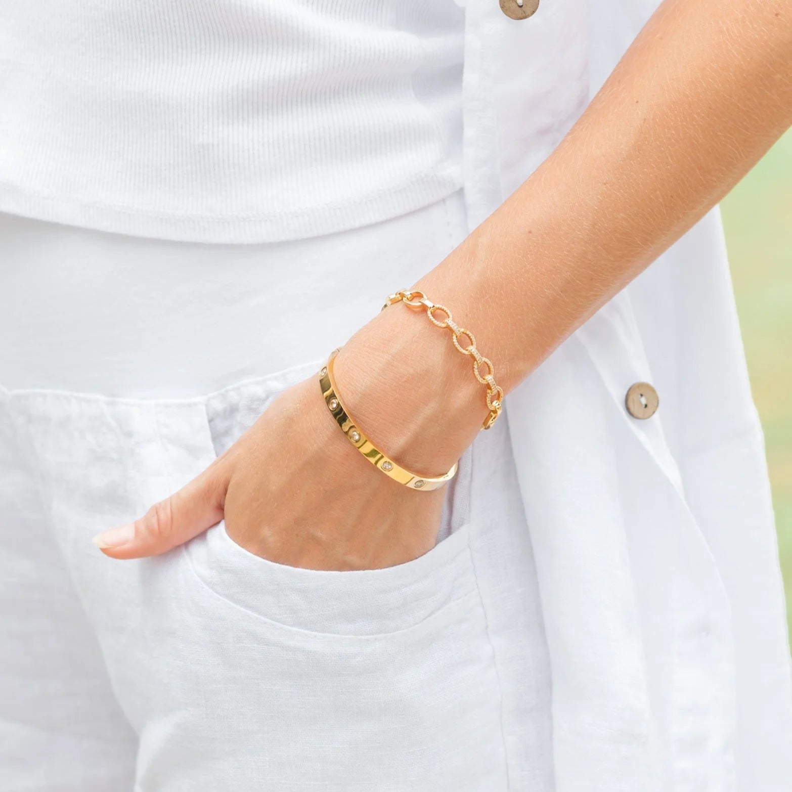 Jewelry - Bracelet - Rounded Link Cuff - Pave Accents - Gold