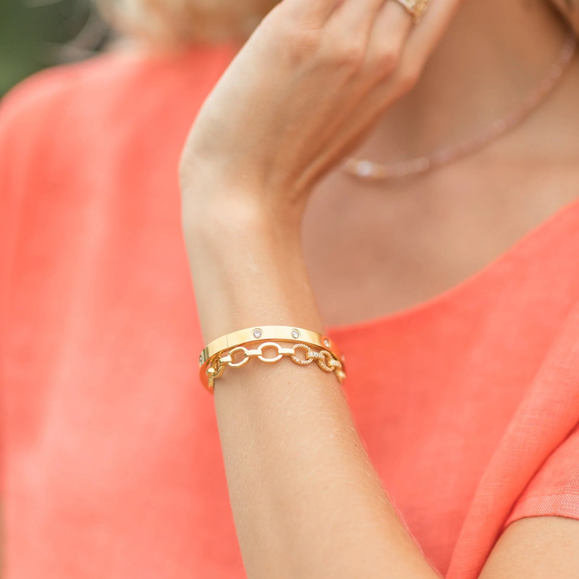 Jewelry - Bracelet - Rounded Link Cuff - Pave Accents - Gold