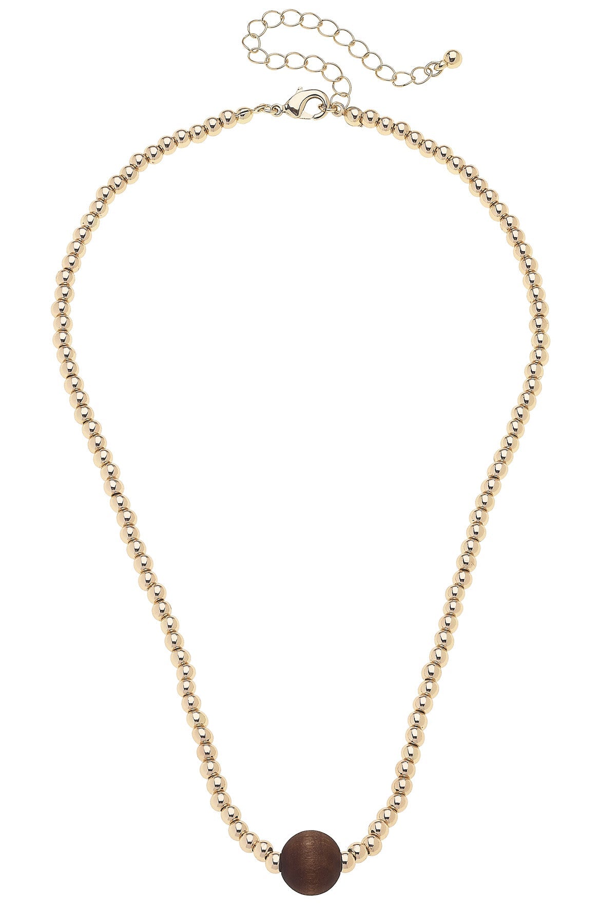 Necklace with a gold chain and a brown pendant on a white background
