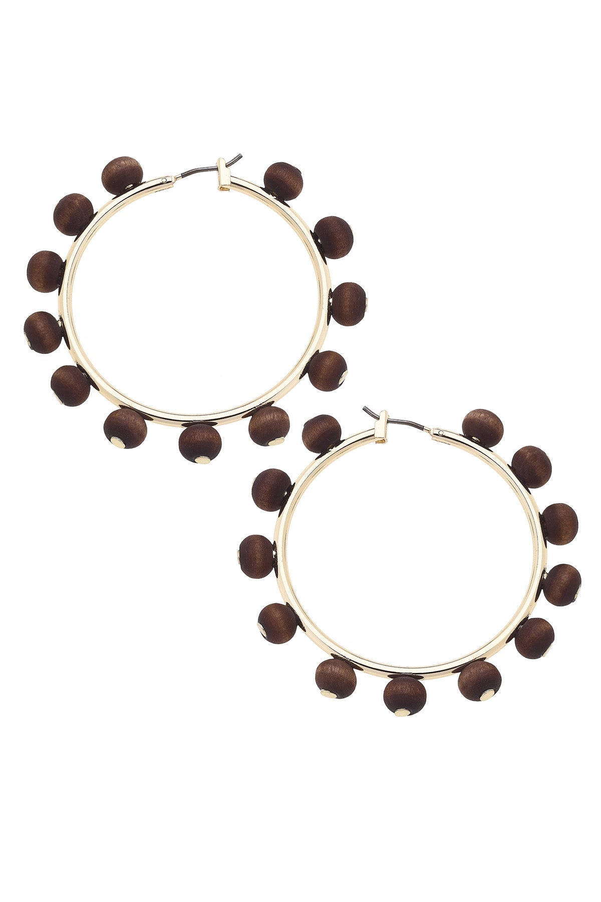 Pair of hoop earrings with brown beads on a white background