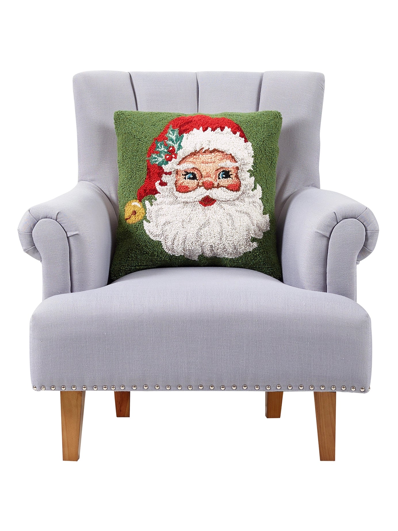 Seasonal - Pillow - Red Hat Santa - Hook Pillow - Santa pillow is sitting in a gray chair.  