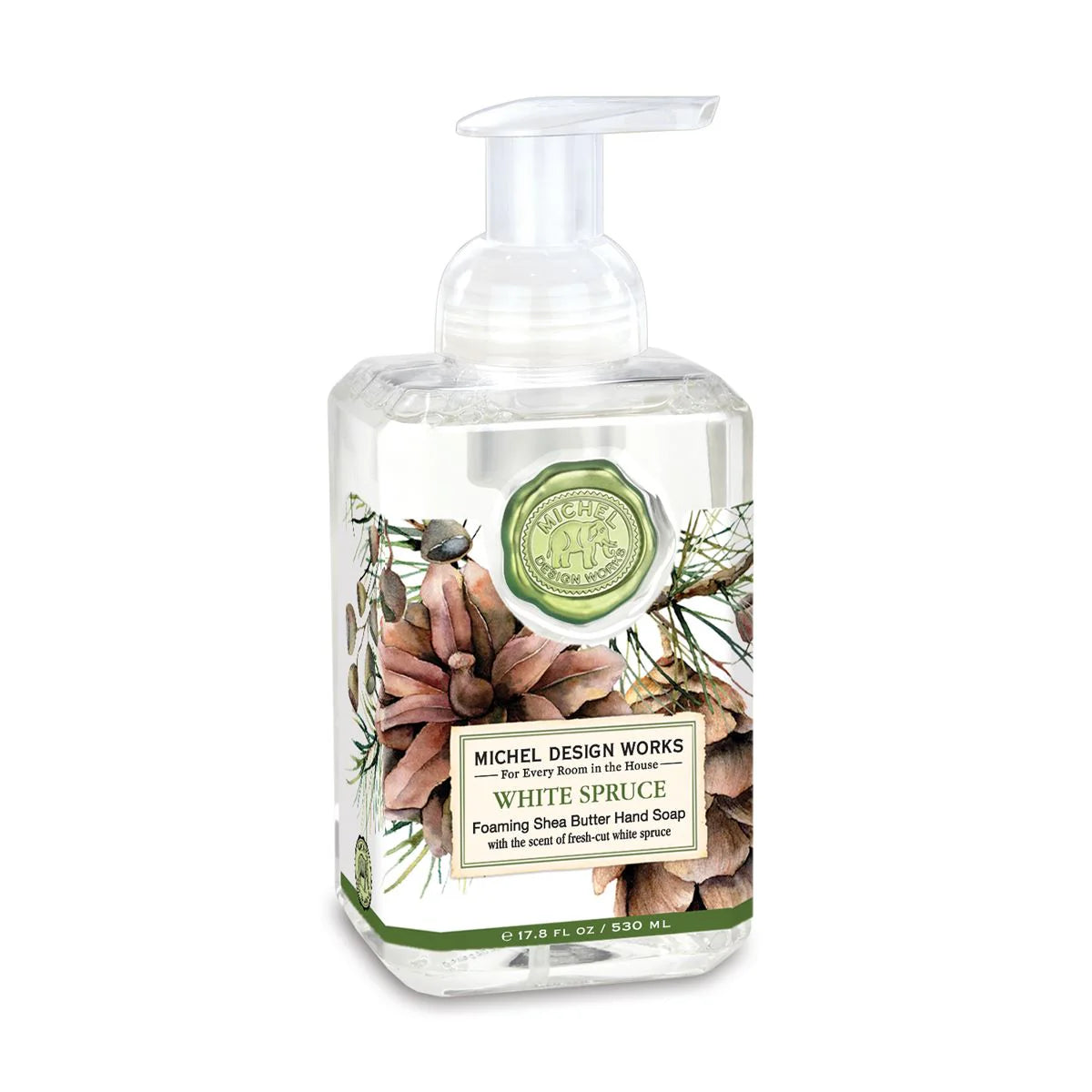 Seasonal - Personal Care - Foaming Hand Soap - White Spruce foaming dispenser bottle with pinecone design. 