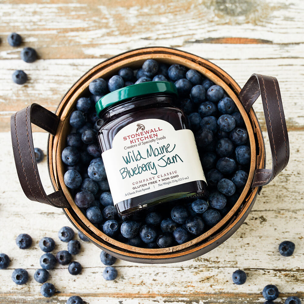 Seasonal - Food Gift - Wild Maine Blueberry Jam jar in a basket of fresh blueberries 